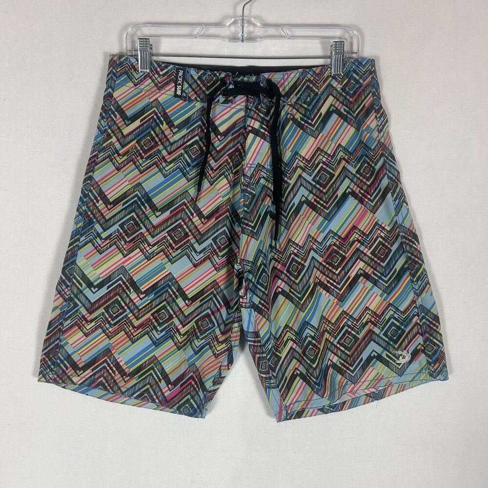 Pacific Surf Exist Board Shorts Mens Medium Multicolor Chevron Swim Drawstring
